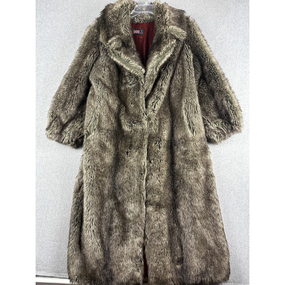 Vintage Tissavel Faux Fur Coat Womens 10 Brown Collared Overcoat Made England